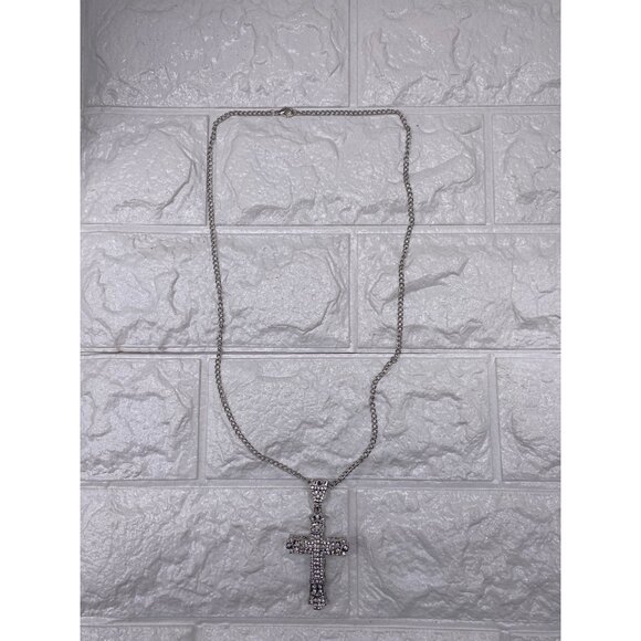 Chunky Crystal Cross Pendant Necklace Silver Tone Unisex Chain - Picture 6 of 8